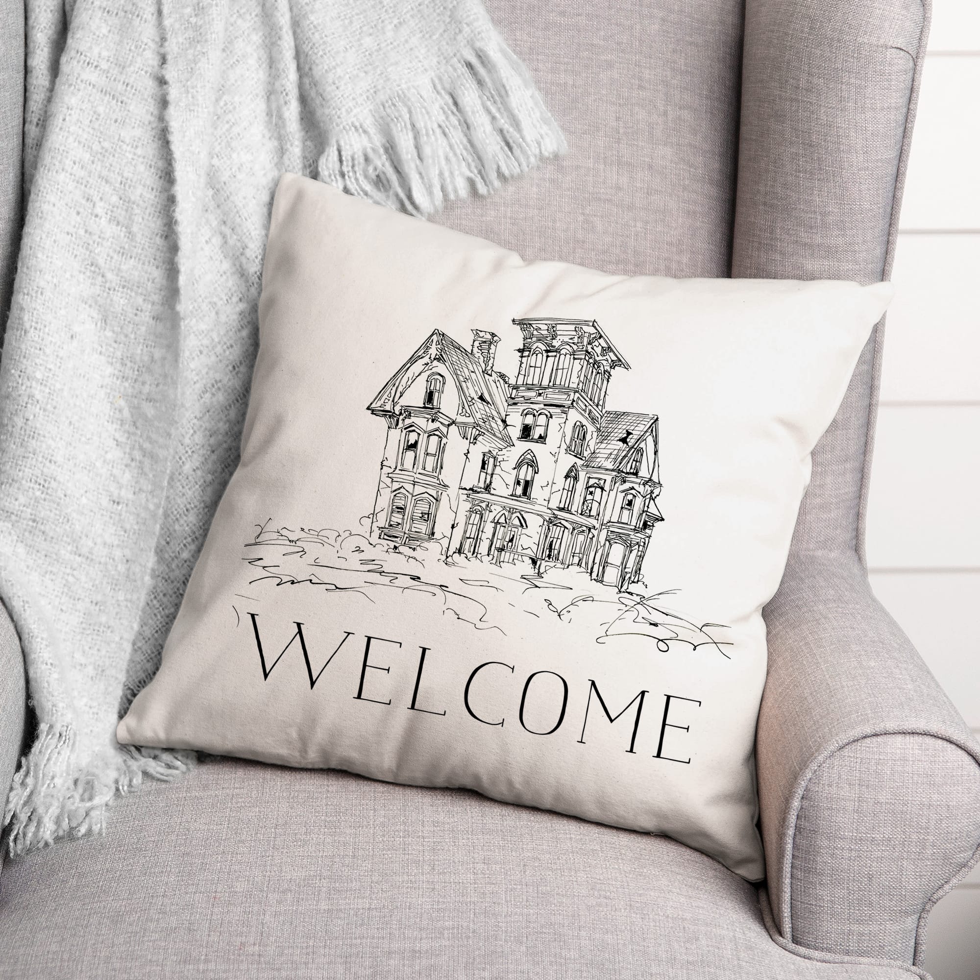 Haunted House Welcome Throw Pillow